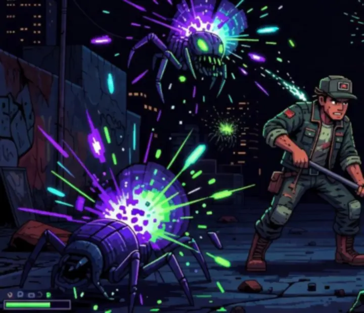 Intenzívna pixel-art akcia v hre Groundskeeper2 s hrdinom pod paľbou nepriateľov