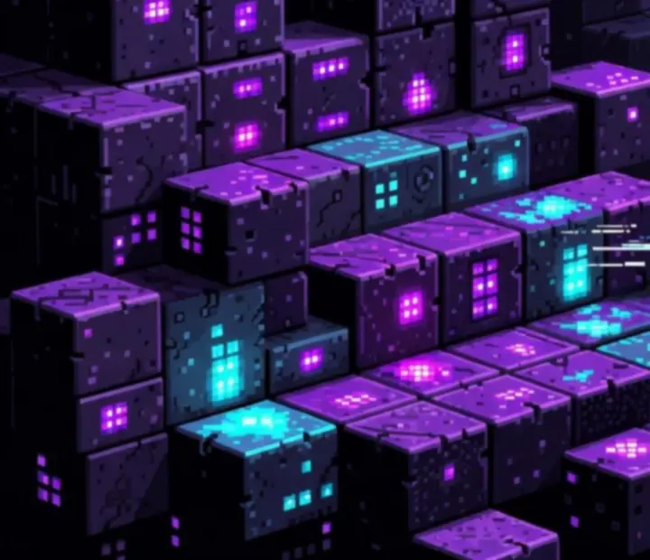 Neónová pixel-art scéna z Groundskeeper2 s intenzívnymi farbami a efektmi.