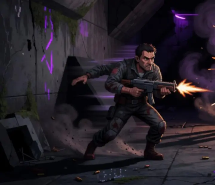Snímka z video gameplayu Groundskeeper2 so zobrazením akčnej prestrelky.