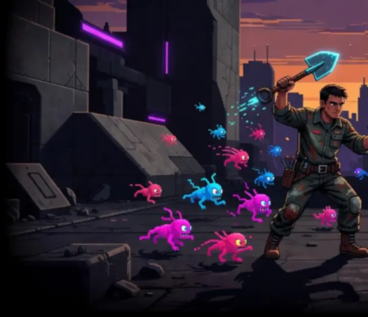Hráč v hre Groundskeeper2 bojuje proti vlnám mimozemšťanov v temnej pixelart krajine
