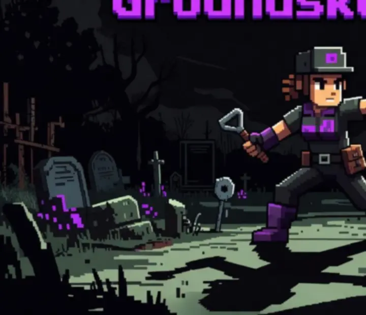 Hrdina Groundskeeper2 v pixel-art prostredí s energetickým pozadím