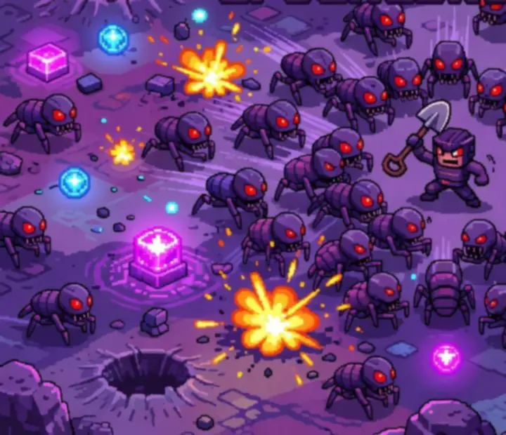 Kontrastná pixel-art scéna z Groundskeeper2 s výbuchmi a mimozemskými tvormi