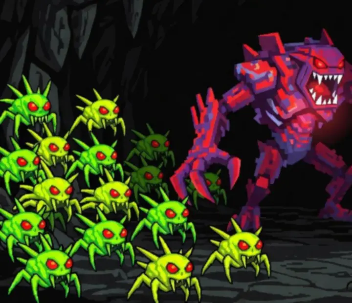 Rôzne typy pixelových nepriateľov a bossov v Groundskeeper2